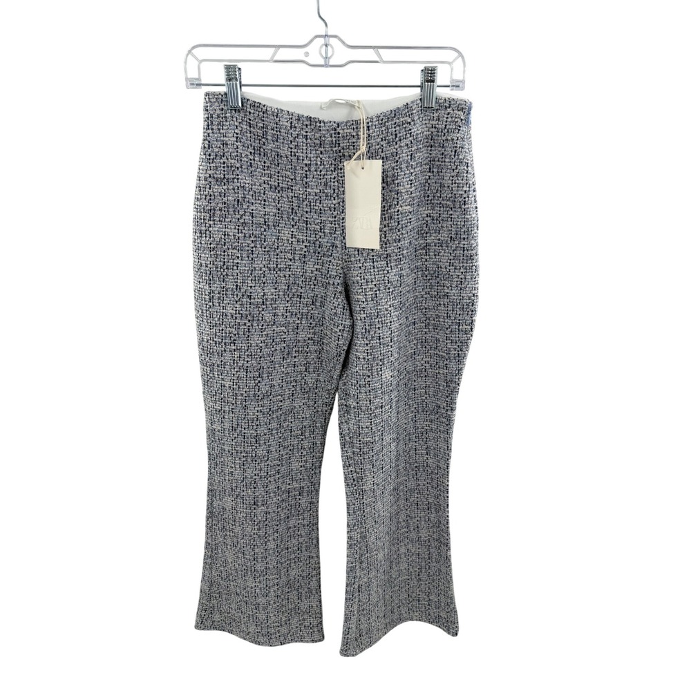 NWT Zara Blue White Tweed Textured Flared High Waisted Pants Womens S